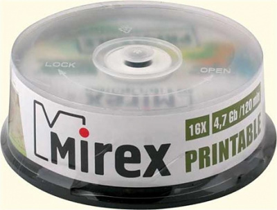 Диск DVD+R Mirex 4.7Gb, 16x, 25шт. Cake Box, printable inkjet