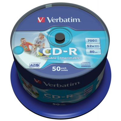 Диск CD-R Verbatim 700Mb, 52x, 50шт. (Cake Box) wide Printable
