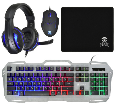 Игровой набор клавиатура+мышь+гарнитура+коврик Oklick HS-HKM300G PIRATE, 1,5м,  черный